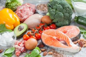 keto diet foods including salmon, avocados, broccoli, and other vegetables
