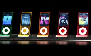 A display shows the range of colors for the new iPod Nano with video capabilities during an Apple special event September 9, 2009 in San Francisco, California.