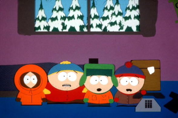 1998 "Kenny", "Cartman", "Kyle", and "Stan" are the characters in the hit series "South Park."