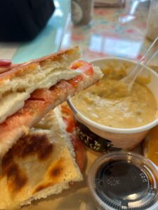 caprese sandwich with potato soup at milan bakery