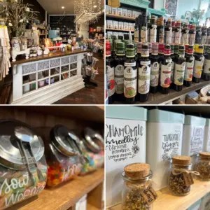 pictures of wine tasting bar, olive oils, candy, and teas for purchase at Life is Sweet Pantry at Milan Bakery