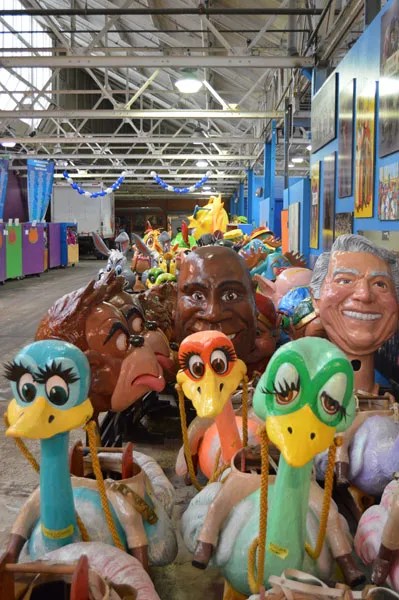 A bunch of stacked parade props at the Parade Company. Many of these props are used in the Detroit Thanksgiving Parade